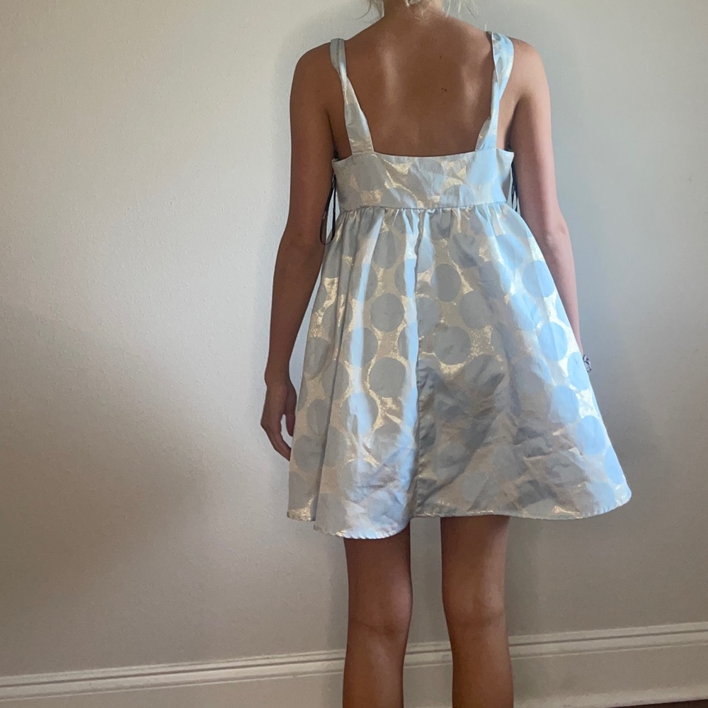 sliver and blue baby doll dress with polka dots